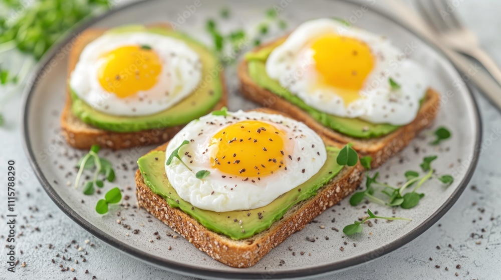 Three slices of toast topped with mashed avocado and a poached egg, garnished with microgreens and chia seeds. Three slices of toast topped with mashed avocado and a poached egg, garnished with microgreens and chia seeds.