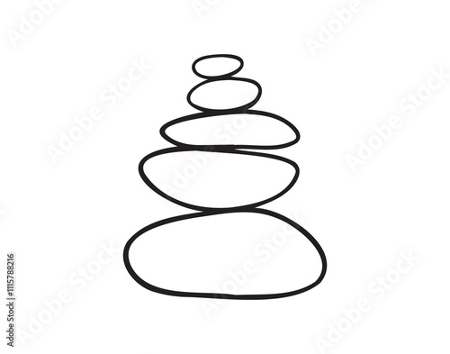  Yoga stones stack doodle hand drawn icon. Outline drawing balanced zen stone line clipart symbol. Spa pebbles black and white graphic line illustration.