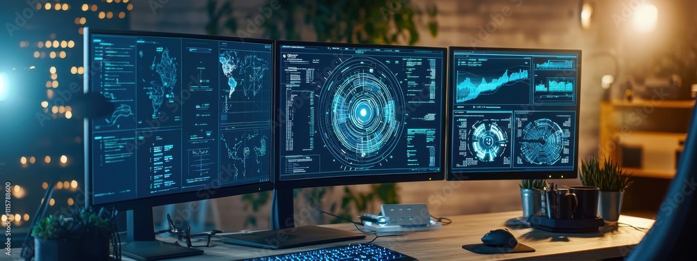 Fototapeta premium Modern Workspace with Multiple Monitors Displaying Data Visualization and Analytics in a Technologically Advanced Environment for Professionals and Analysts