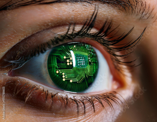 Obraz na płótnie Ojo verde de mujer con innovación y tecnologia de microchip insertada para una v