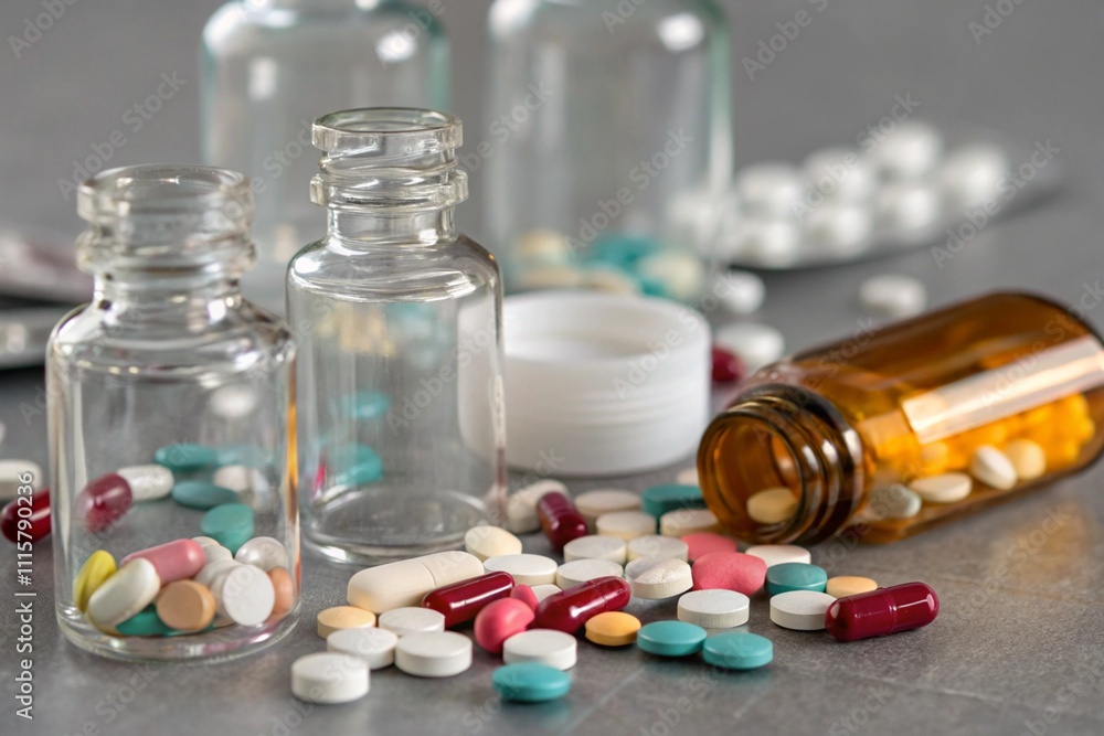 Colorful Pills and Transparent Glass Bottles with Soft Reflections Colorful Pills and Transparent Glass Bottles with Soft Reflections