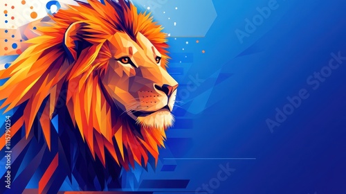 A majestic lion with a vibrant orange mane, depicted in a geometric style against a blue background. photo