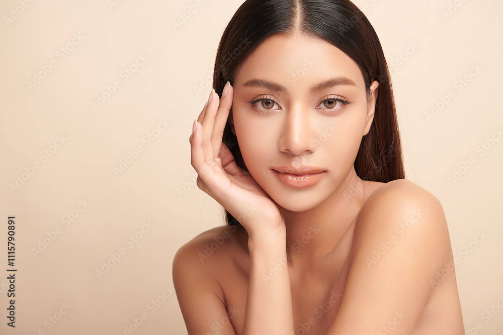 Beautiful young asian woman with clean fresh skin on beige background, Face care, Facial treatment, Cosmetology, beauty and spa, Asian women portrait. Beautiful young asian woman with clean fresh skin on beige background, Face care, Facial treatment, Cosmetology, beauty and spa, Asian women portrait.