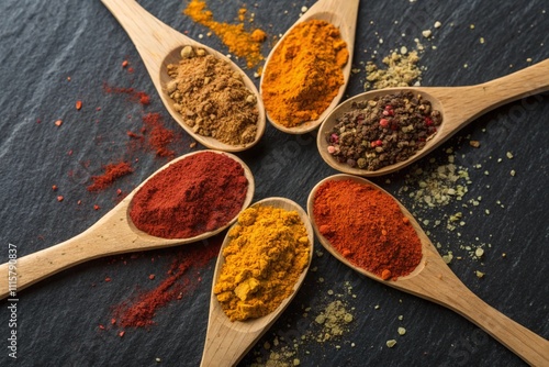 Symmetrically Arranged Bright Spices in Wooden Spoons on Black Granite