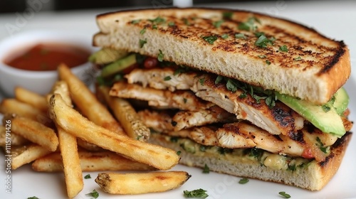 A grilled chicken sandwich with fries and dipping sauce on a plate.