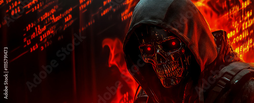 A hooded hacker with a digital skull-face mask, orange and red lights on a dark background. photo