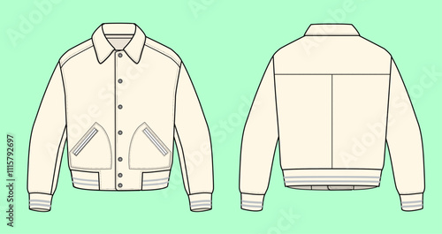 Winter leather collar jacket flat sketch outline.