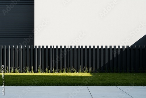 Modern outdoor scene with black wooden fence and green grass lawn.generative AI 