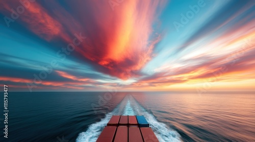 Experience a majestic sea journey beneath a vivid sunset canopy, as a ship trails its wake across expansive waters, merging serenity with a bold, dramatic sky. photo