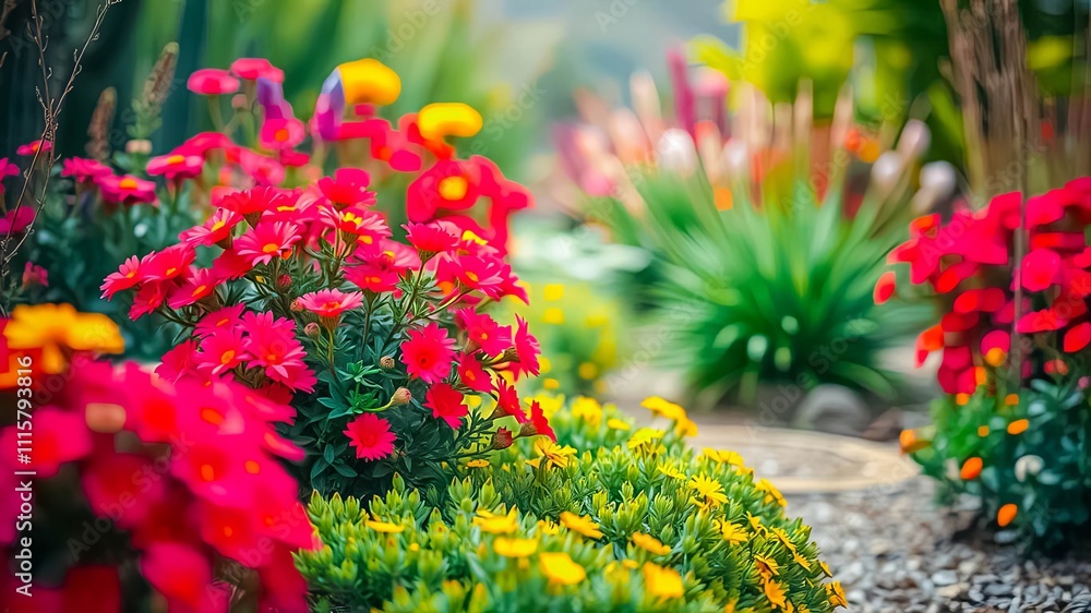 Naklejka premium Vibrant red and yellow flowers blooming in a meticulously arranged garden bed