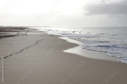 Beautiful sunrise on gloomy morning in Cabo Verde on the beach of Atlantic Ocean.