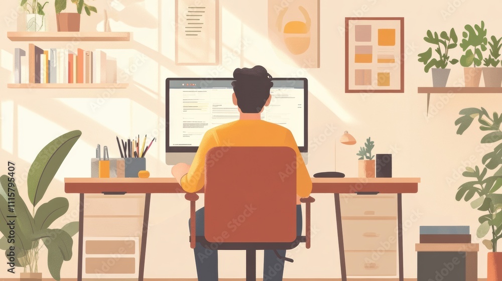 Fototapeta premium Stylish home office design with a man focused on his screen, surrounded by cozy decor and an ergonomic chair