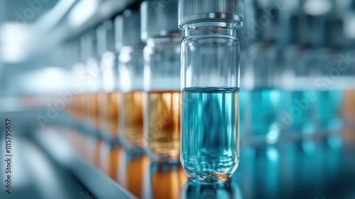 A close-up of a single vial filled with turquoise liquid highlights its position amidst other warm-toned vials, symbolizing differentiation and focus in a lab. photo