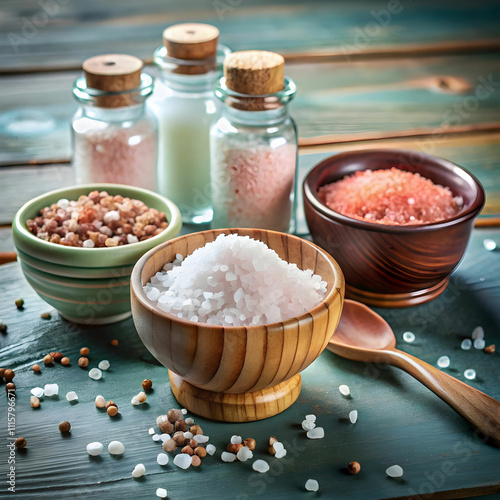 sea salt in salt shakers and small bowls with himaliyan photo