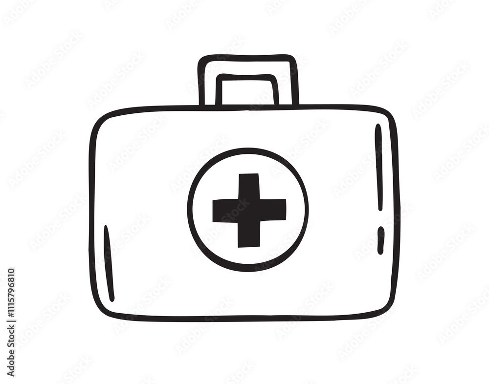 Obraz premium First aid kit hand drawn doodle icon. Drawing first aid kit case icon. Treatment, medicine concept.