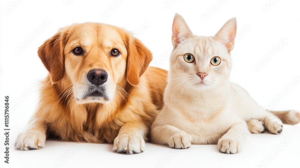 Fototapeta premium A golden retriever and a light-colored cat sit side by side, exuding a friendly and calm demeanor against a plain background.