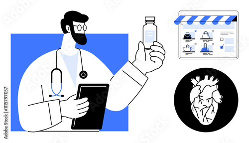 Doctor holding a vaccine vial and digital tablet, website displaying medical profiles and services, hand-drawn heart diagram. Ideal for healthcare, telemedicine, medical education, pharmaceuticals