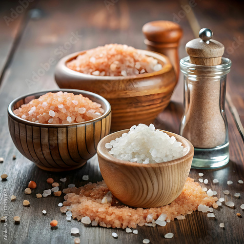 sea salt in salt shakers and small bowls with himaliyan photo