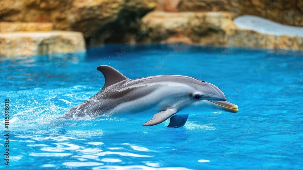 Obraz premium A dolphin leaps gracefully above the surface of a vibrant blue pool.