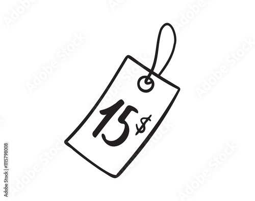 15 dollars price tag doodle hand drawn icon. Outline fifteen dollars drawing price tag line clipart symbol. Isolated price tag