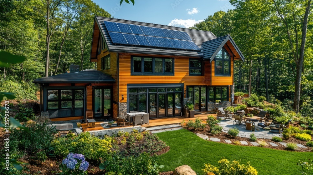 Modern sustainable house with solar panels, deck, and landscaped yard. Modern sustainable house with solar panels, deck, and landscaped yard.