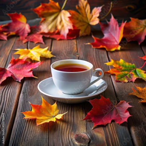 A white cup of tea sits on a table with autumn leaves