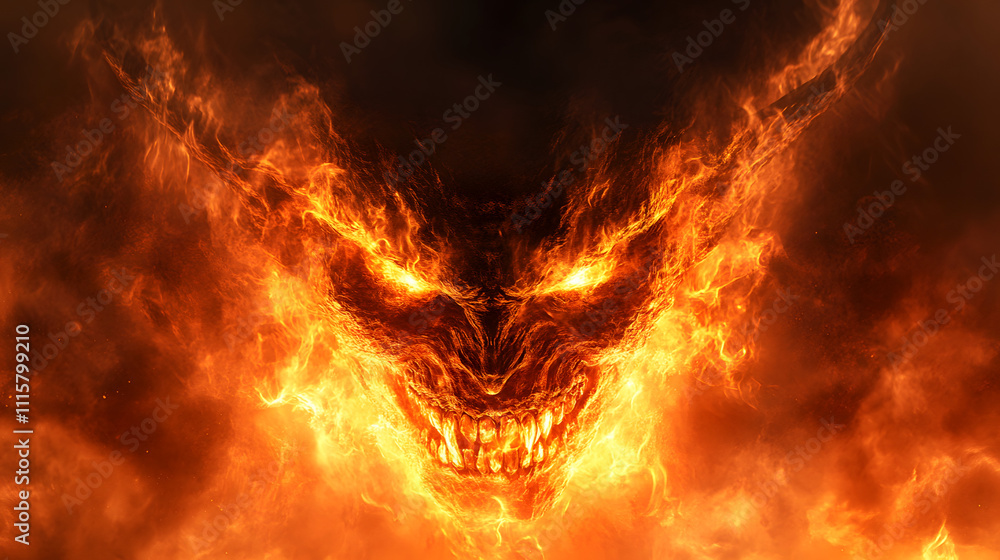 Fototapeta premium Fiery Demon Face Emerging from Flames in a Dramatic Conceptual Design