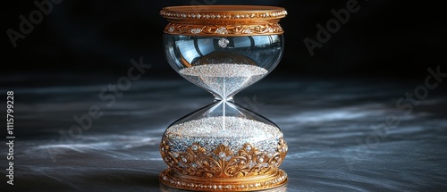 [vintage texture period chic] Golden Hourglass Filled with Amber Sand Against Dark Background