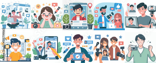 Vector Set of a Social Media Influencer in a Simple Flat Design Style