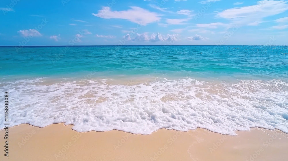 Fototapeta premium A serene beach scene featuring gentle waves, soft sand, and a clear blue sky, perfect for relaxation and tranquility.