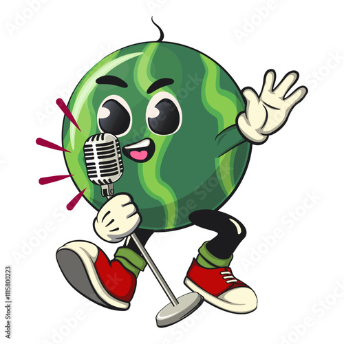 cute watermelon cartoon character sing earnestly with maximum style, watermelon mascot cute cartoon characters for icon, mascot, logo, label, poster, banner, print, sticker, clip art