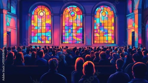A large crowd gathers inside a church with colorful stained glass windows.