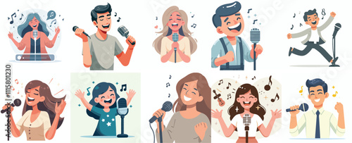 Vector Set of a Singer in a Simple Flat Design Style