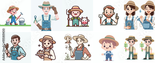 Vector Set of a Farmer in a Simple Flat Design Style