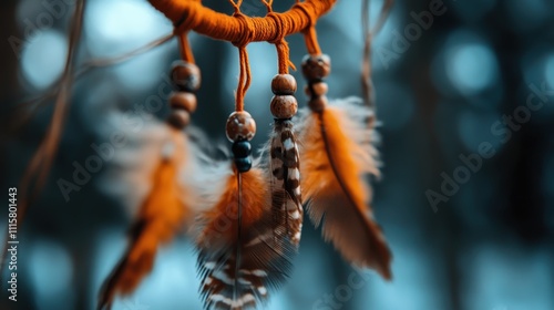 A close-up of a beautifully crafted dreamcatcher featuring vibrant orange feathers and wooden beads, set against a blurred natural background. photo