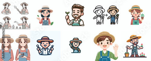 Vector Set of a Farmer in a Simple Flat Design Style