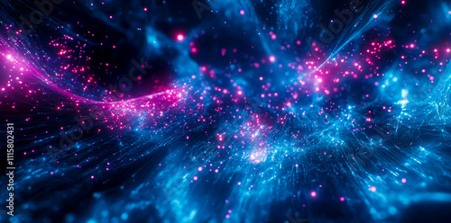 Abstract digital background with glowing blue and pink lights, cyber grid elements, and light streaks on a dark backdrop.