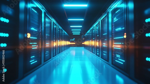 Wallpaper Mural A long hallway in a data center with server racks on either side, lit with blue and white lights. Torontodigital.ca