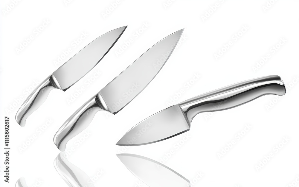 Obraz premium Flying stainless steel kitchen knives with reflections and sharp details dynamic and isolated on white background