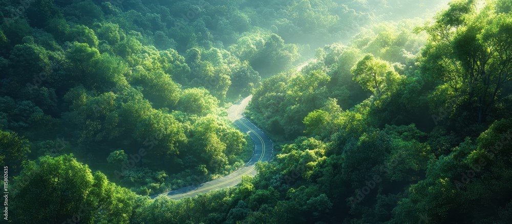 Fototapeta premium Serene Aerial View of a Winding Road Through Lush Green Forest in Sunlight