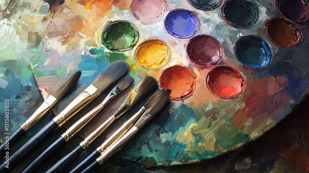 Fototapeta premium Artist's palette with paint and brushes.