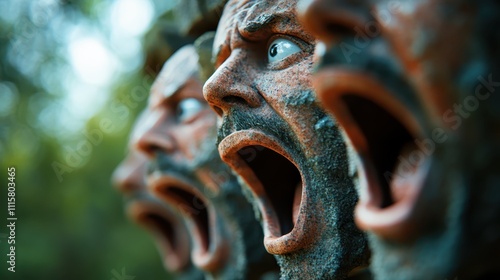 A stunning collection of dramatic stone face sculptures in nature, carved with open mouths, capturing artful intensity and expressive detail against a green backdrop. photo