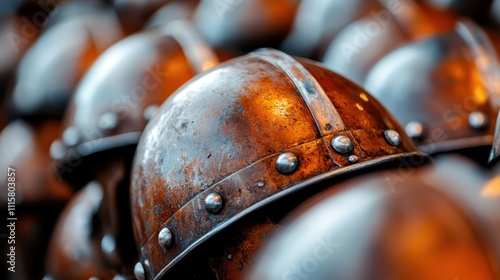 A close study of rusted medieval helmets, capturing age and history with detailed craftsmanship, highlighting the passage of time on these ancient armors. photo