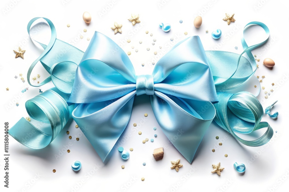 Elegant Light Blue Satin Ribbon Bow Isolated on White Background for Holiday, Birthday, and Wedding Card Decoration with Curly Scrolls and Confetti Design Elements Elegant Light Blue Satin Ribbon Bow Isolated on White Background for Holiday, Birthday, and Wedding Card Decoration with Curly Scrolls and Confetti Design Elements