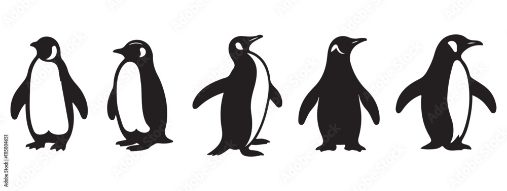Obraz premium silhouettes of penguins in various poses, black and white minimal animal illustrations for graphic design and creative projects