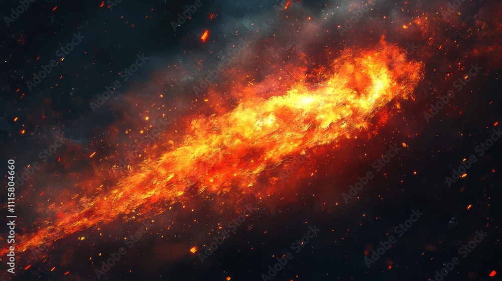 Fototapeta premium A fiery streak of flames against a dark, smoky background, with sparks and embers floating in the air.