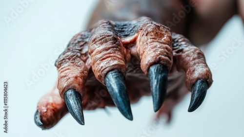 This image captures a gripping close-up of a creature's hand, with its textured skin and sharp claws, symbolizing power and primal instincts in a detailed setting. photo