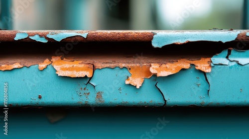 The image features a close-up view of a weathered metal surface with blue paint peeling off, revealing rusty patches underneath, illustrating aging and decay. photo