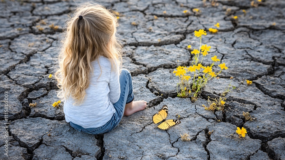 Fototapeta premium A child sitting on cracked earth surrounded by dying plants