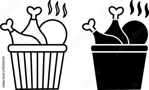 Fried Chicken Icons. Black and White Vector Illustrations. Fried Chicken Pieces in Packaging. Tasty Food. Fast Food Concept